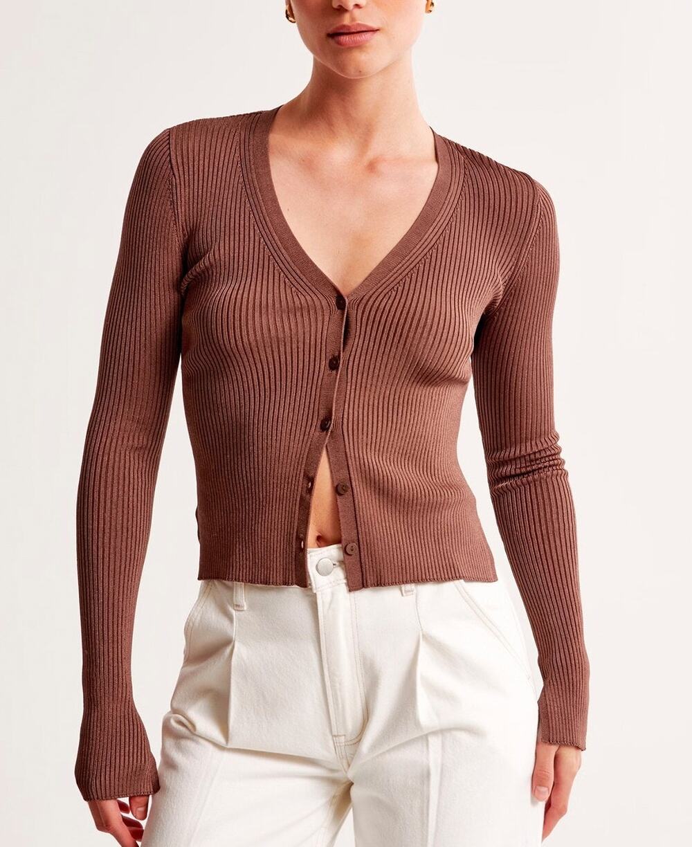 Abercrombie & Fitch Slim Button Up Ribbed Cardigan Small Brown Quiet Luxury Fall